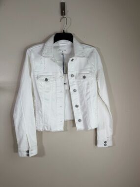 eunina White Cropped Denim Jacket with Distressed Raw Hem